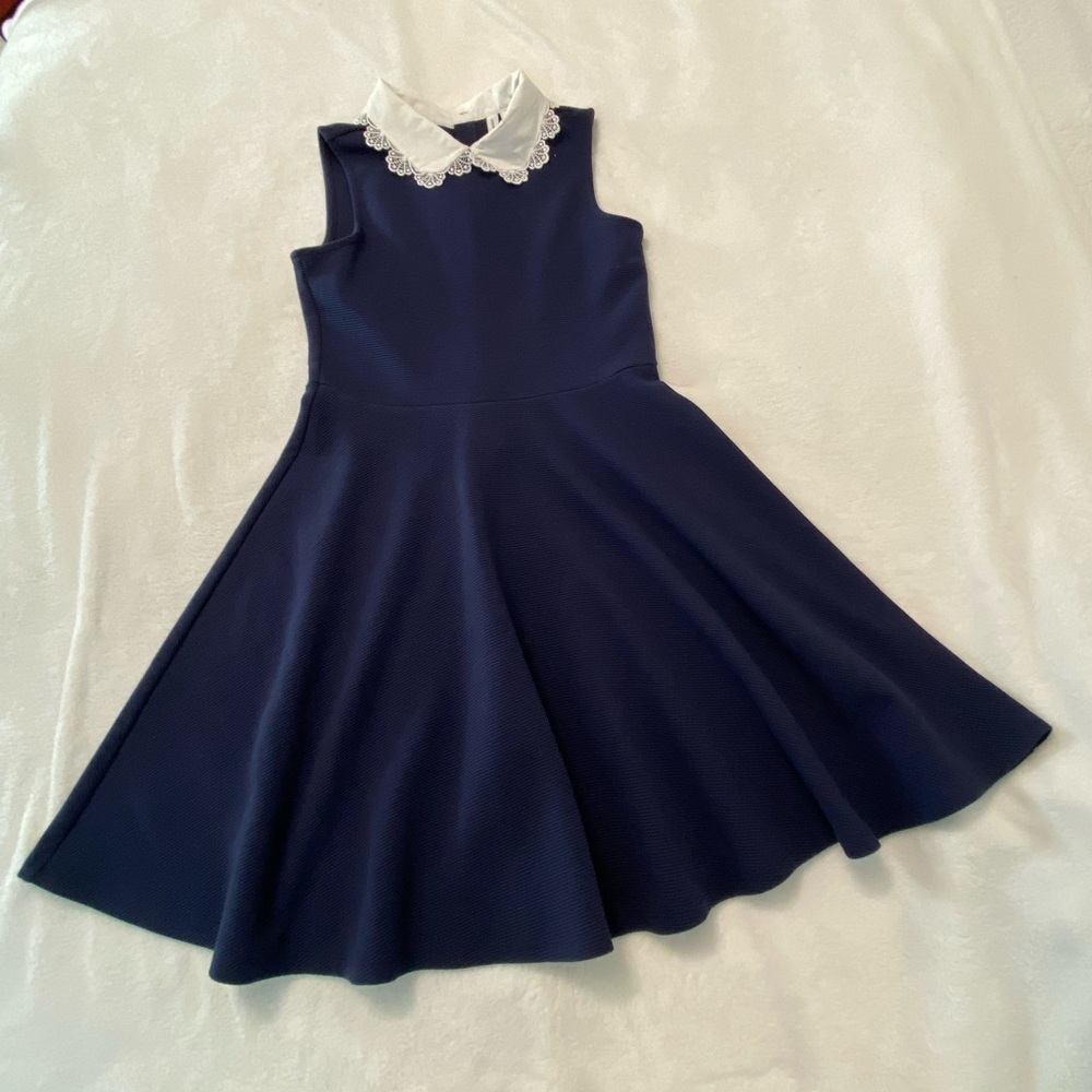 Janie and Jack Deep Blue Ribbed Dress with White Lacey Colar